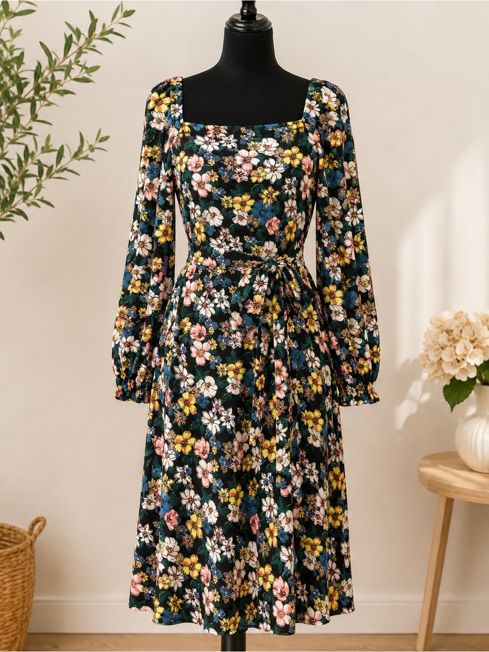 Papaya Floral Square Neck Midi Dress | Balloon Sleeves & Tie Waist | Size 10